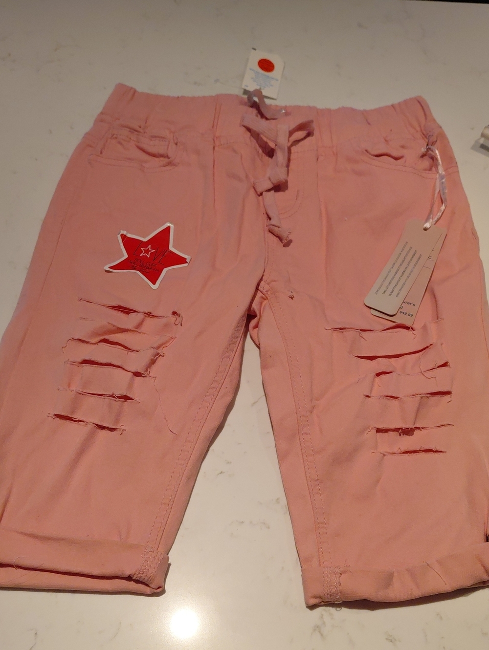 Roma Pink Distressed Shorts with Red Star Patch